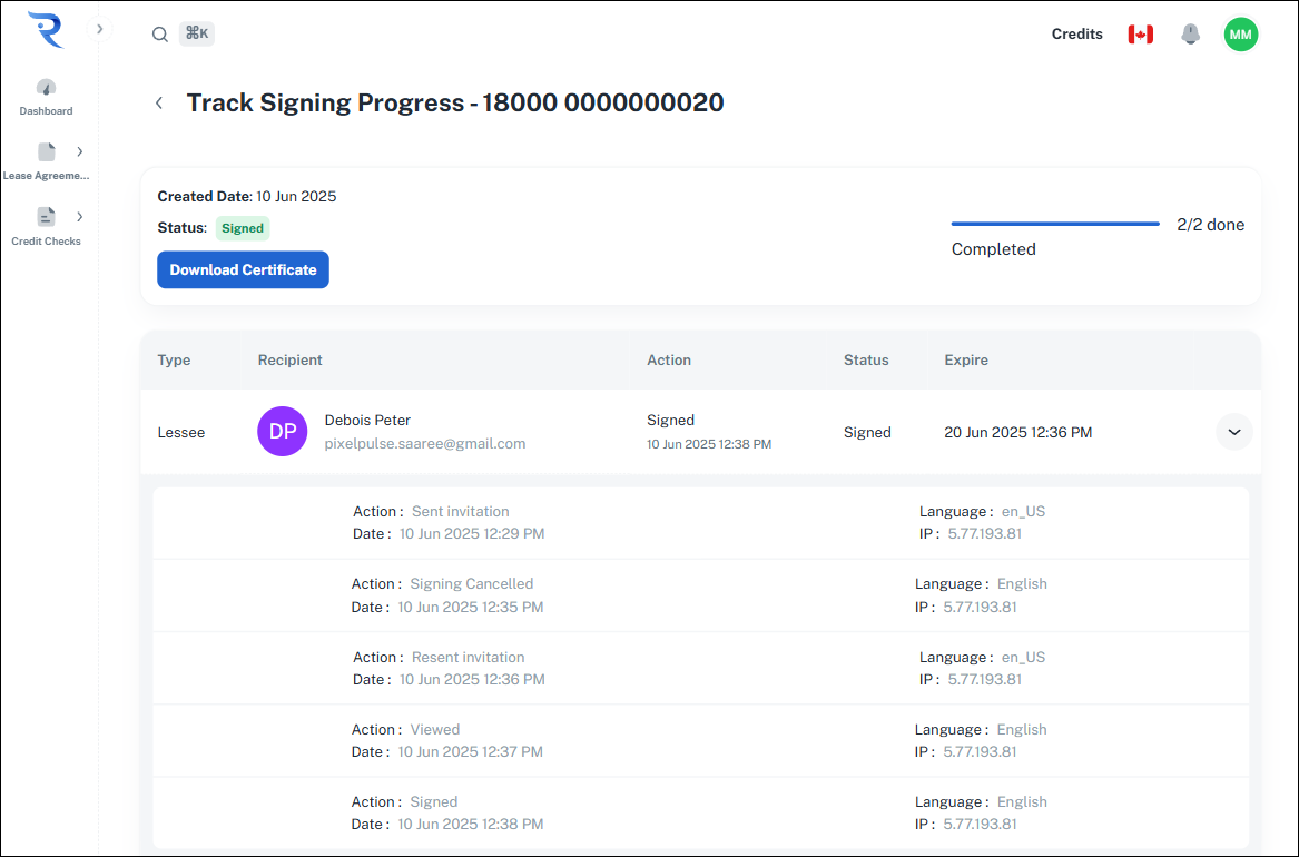 Lease agreement signature tracking