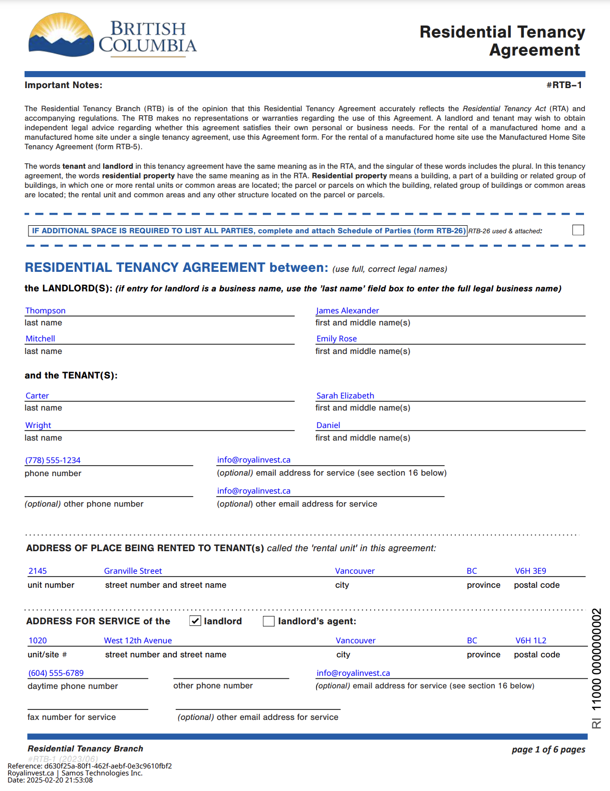 Online British Columbia rental agreement on royalinvest.ca