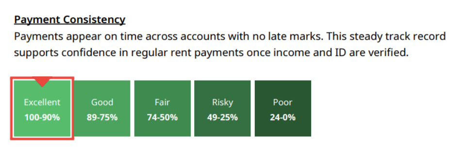 Payment consistency section in Royal Invest's credit check report.