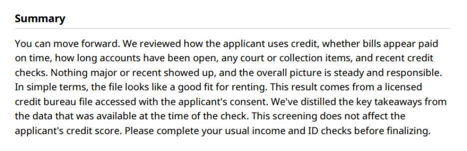 Summary section in Royal Invest's credit check report.